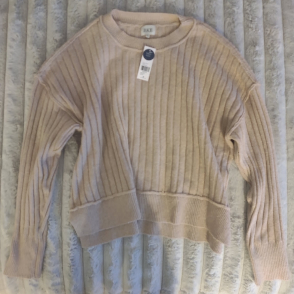 BKE Women's Beige Ribbed Crew Neck Sweater